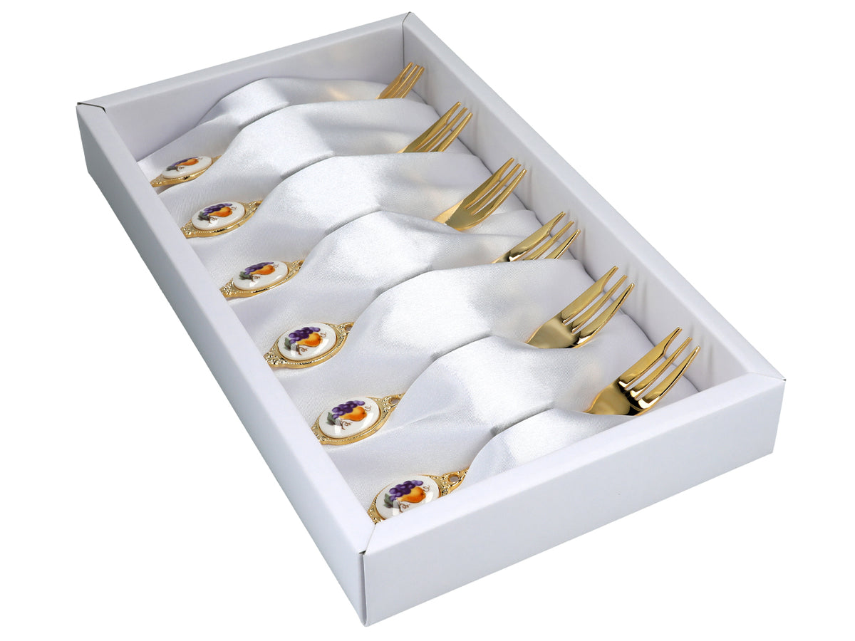 Kpl. 6 widelczyków, Widelczyki powlekane 24K złotem, motyw Owoców