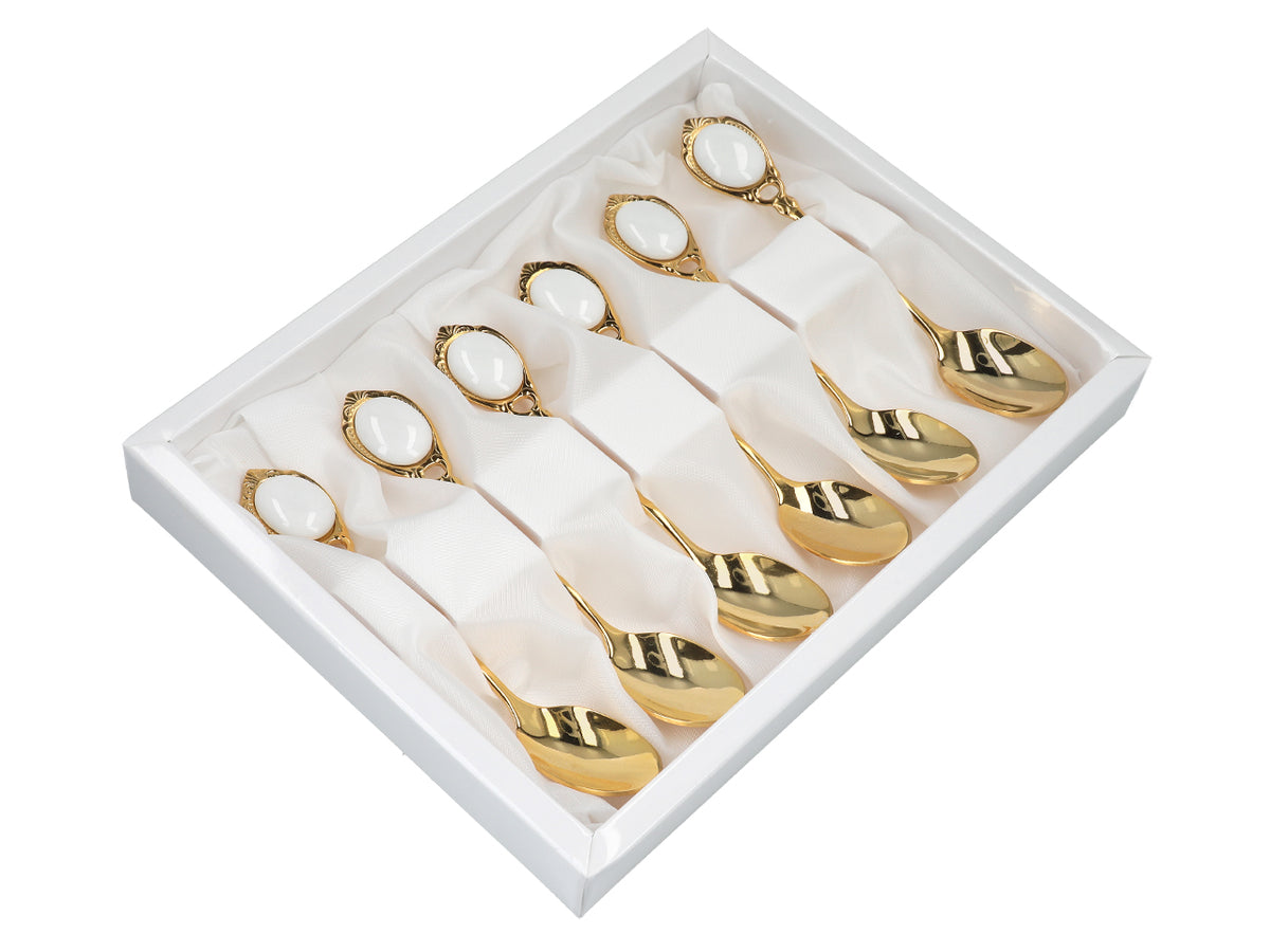 Set of 6 24K gold-plated teaspoons, CARMANI White Eyes, customizable with engraving - an elegant gift for every occasion, dimensions 13 cm
