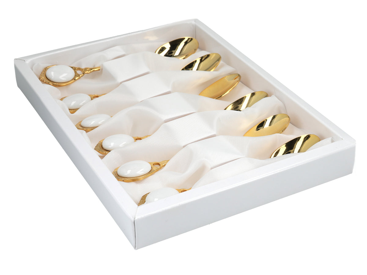 Set of 6 24K gold-plated teaspoons, CARMANI White Eyes, customizable with engraving - an elegant gift for every occasion, dimensions 13 cm