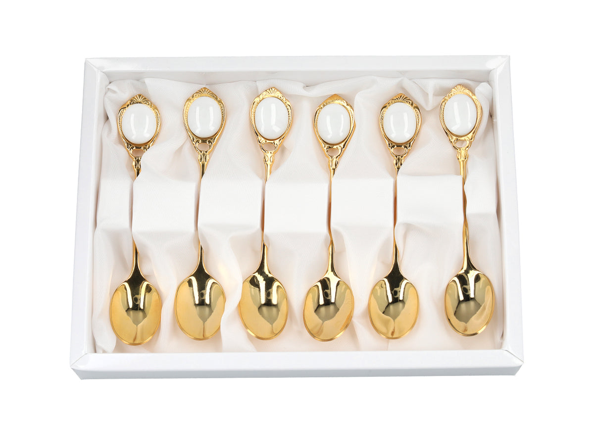 Set of 6 24K gold-plated teaspoons, CARMANI White Eyes, customizable with engraving - an elegant gift for every occasion, dimensions 13 cm