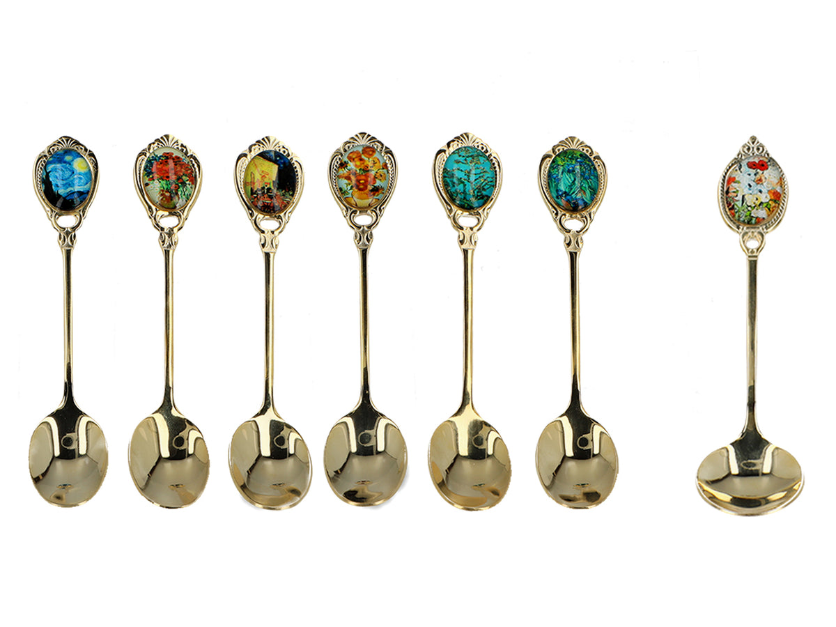 Set of 6 24K Gold-Plated Spoons with 1 Sugar Spoon - V. van Gogh, Assorted, Customizable with Engraving, Elegant Gift Packaging, 13 cm