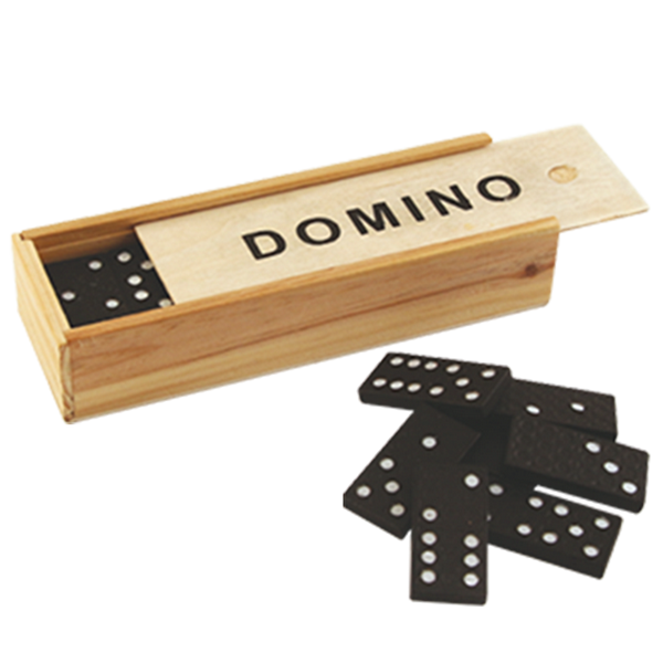 Domino w pudełku drewnianym z możliwością personalizacji grawerem - idealny prezent dla miłośników gier planszowych, 28 plastikowych kostek, wymiary pudełka 5 x 15 x 3,5 cm, materiał: drewno i plastik