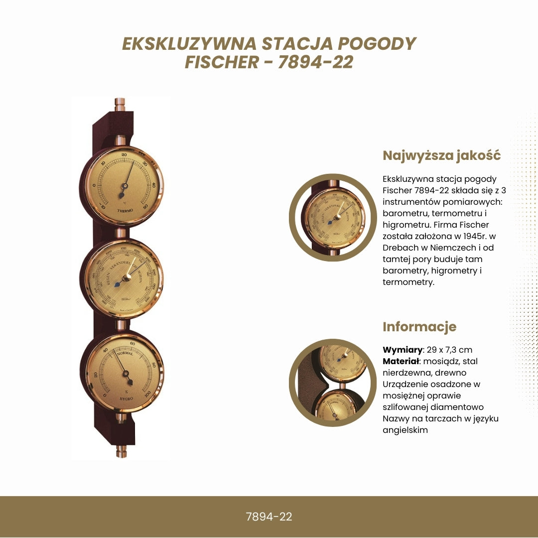 Exkluzivní počasí stanice Fischer 7894-22 z mosazi a mahagonu s personalizovaným gravírováním - barometr, teploměr a vlhkoměr jako dárek v klasickém stylu, rozměry 29x7,3 cm