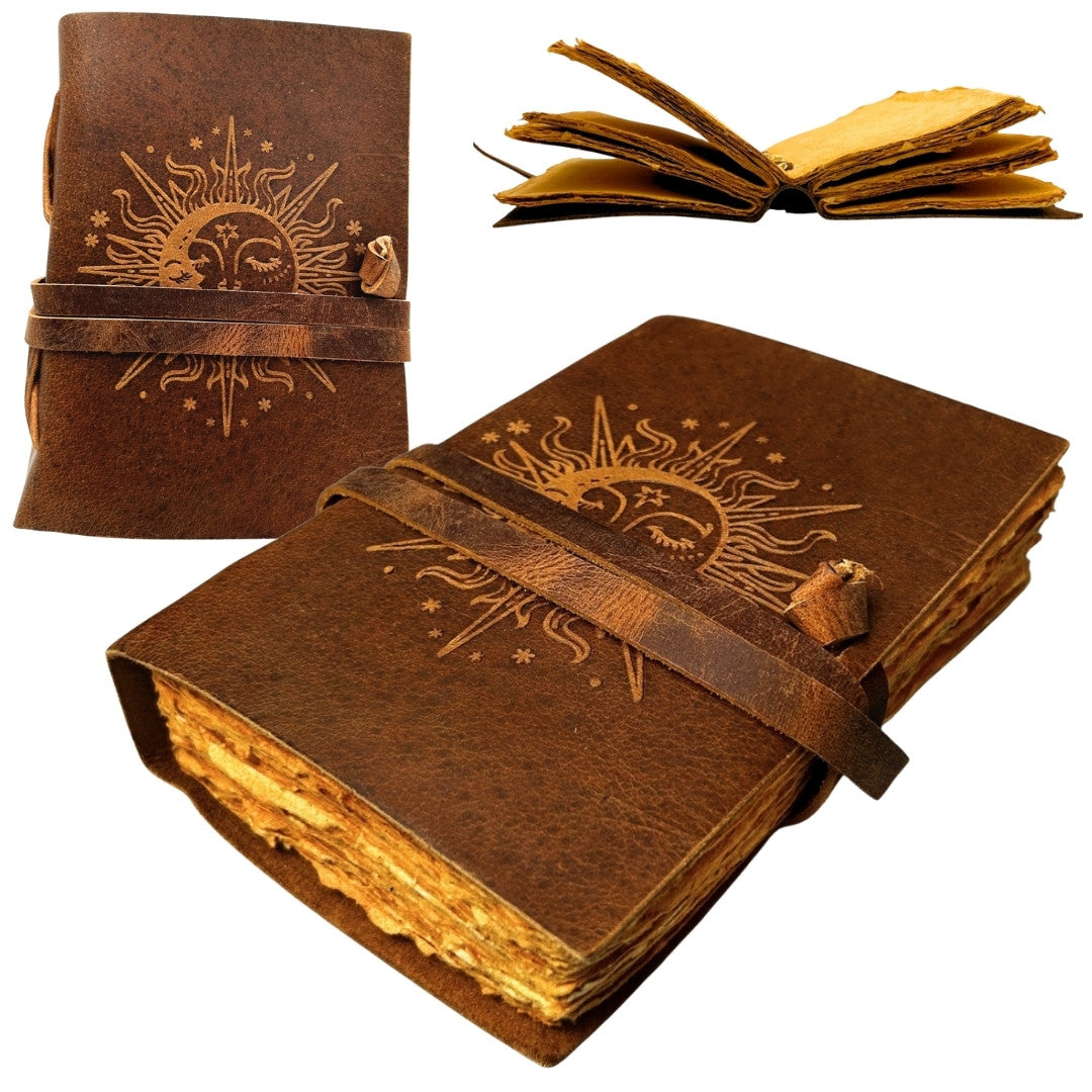 Kožený vintage zápisník 200 stran s gravírováním - Slunce a Měsíc - přírodní buvolí kůže - ideální jako dárek - 18x13 cm - elegantní deník s papírem 150 GSM