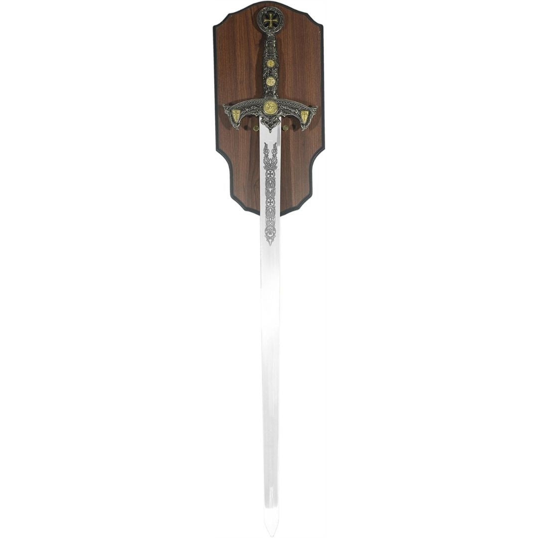 Templar Sword Replica with Engraving on a Wooden Hanger