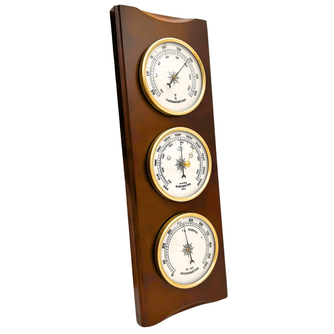 Elegantní retro meteostanice 36 cm s rytím – barometr, teploměr, vlhkoměr v dřevěném pouzdře