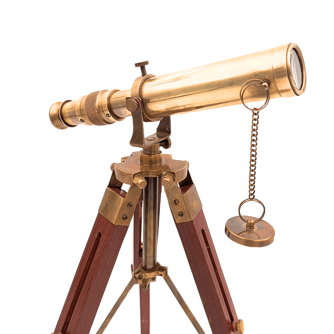Retro Brass Telescope on Wooden Tripod with Adjustable Height and Engraving Option
