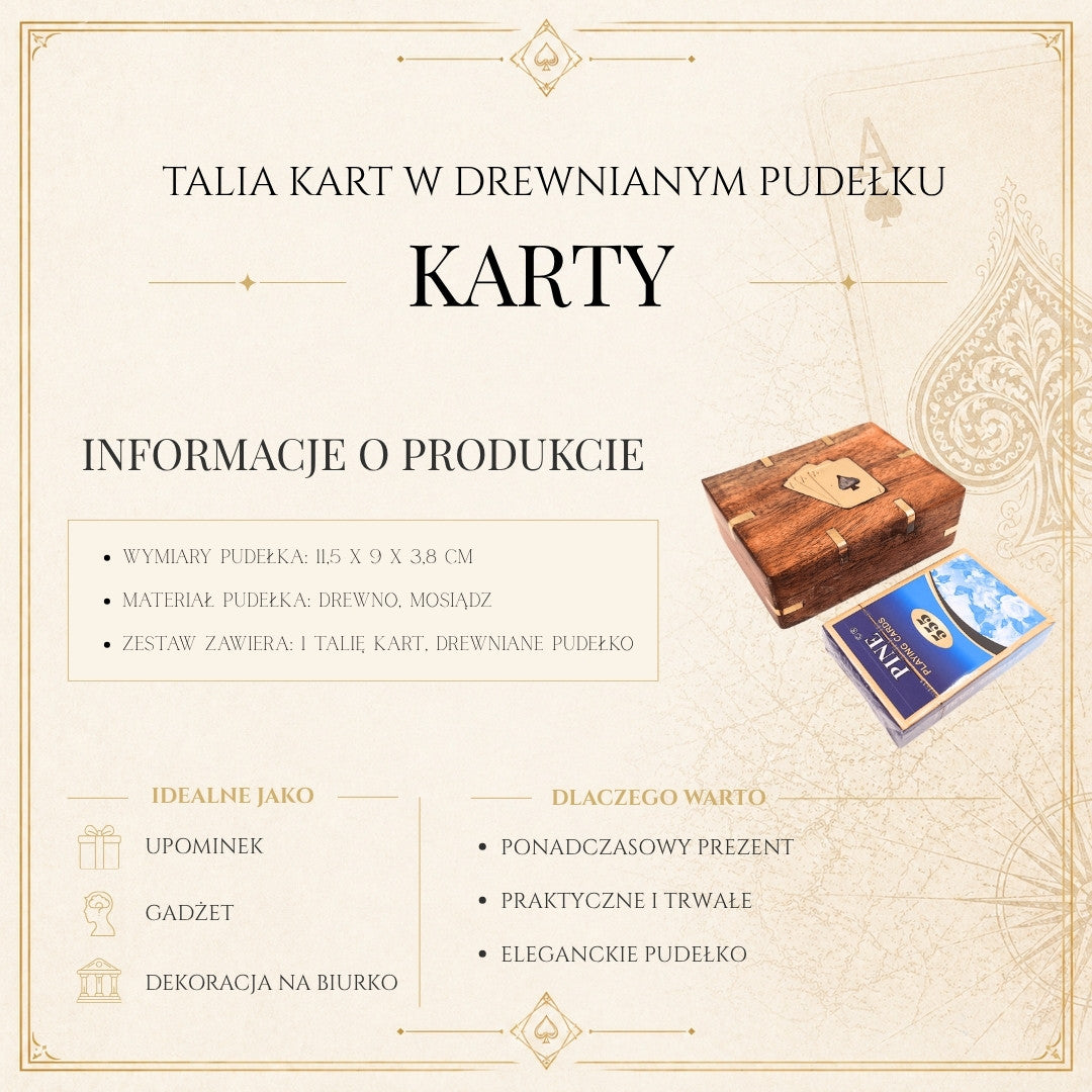 Elegancka Talia Kart w Drewnianym Pudełku z Mosiężnymi Zdobieniami