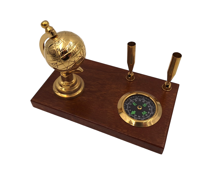 Elegant decorative desk set with globe, compass, and pen holders in shades of brown and brass with customizable engraving