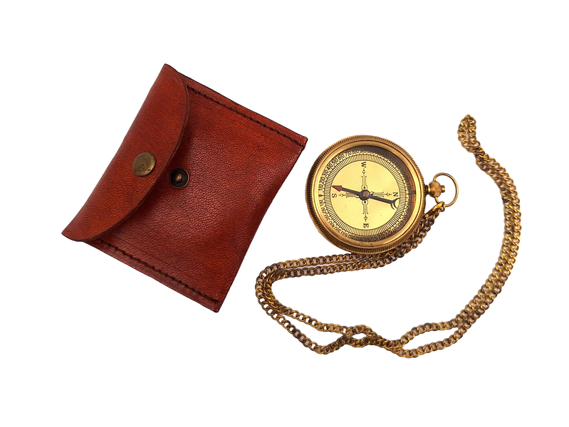 Brass compass on a chain in a leather case with customizable engraving