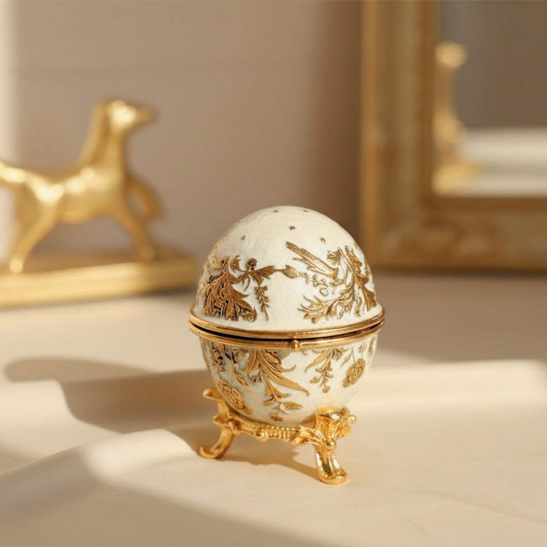 Exclusive Fabergé Egg Metal Jewelry Box with Crystals in White and Gold with Engraving Personalization Option