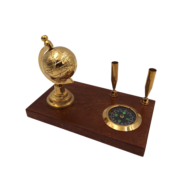 Elegant decorative desk set with globe, compass, and pen holders in shades of brown and brass with customizable engraving