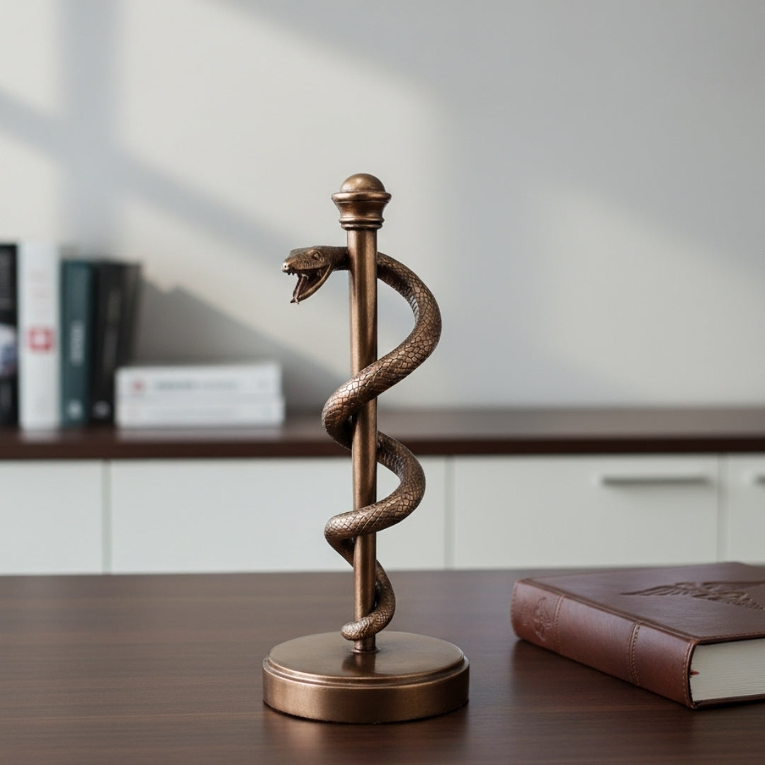 Figurka Laski Eskulapa 30 cm z Żywicy - Personalizowany Prezent dla Lekarza, Pielęgniarki lub Farmaceuty - Brązowa/Mosiężna Dekoracja z Grawerem