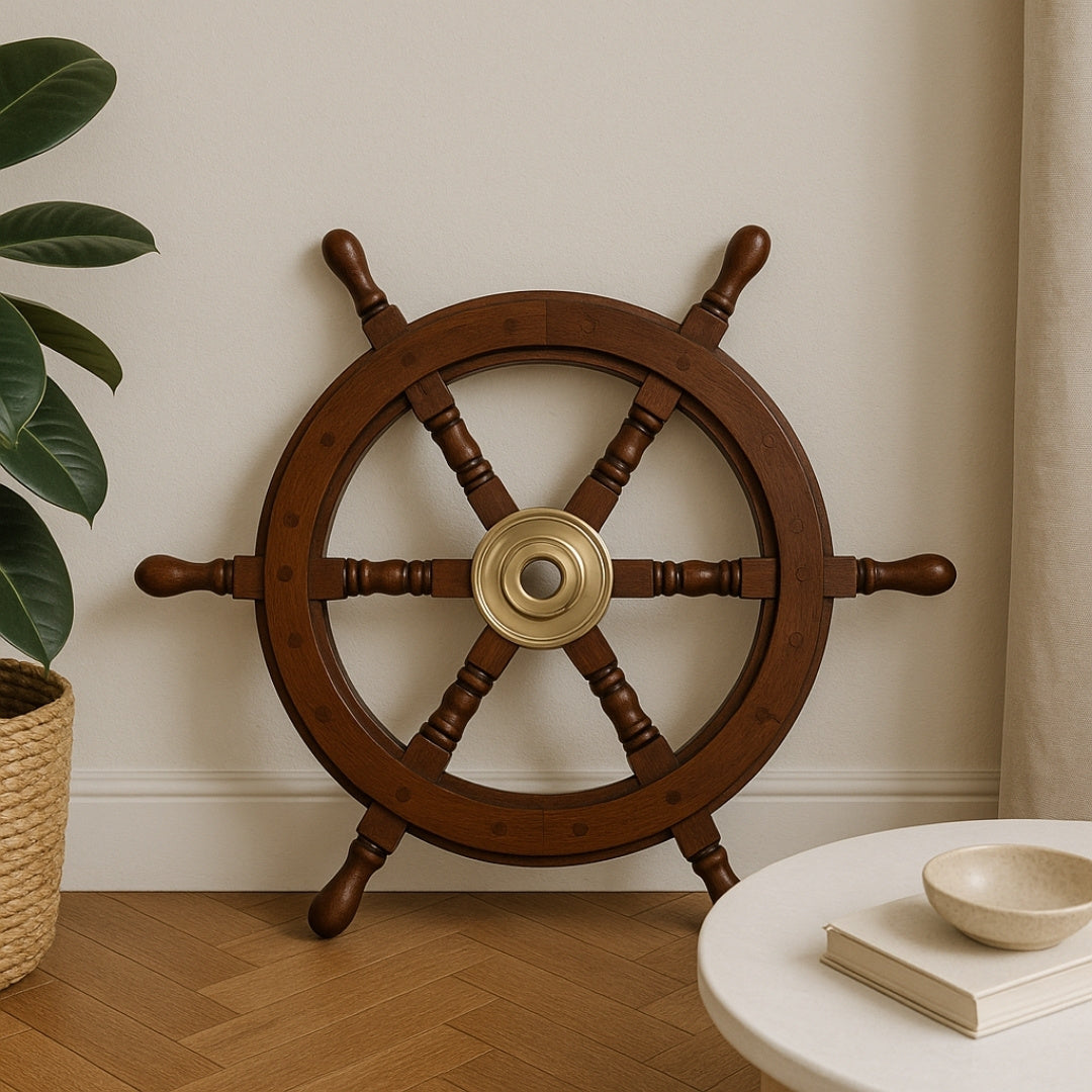 Koło Sterowe Drewniane 45 cm z Mosiężnym Środkiem - Personalizowany Grawer - Retro Dekoracja Marynistyczna na Prezent dla Żeglarza lub Miłośnika Morza