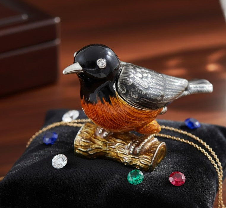 Metal box shaped like a bird with crystals, personalized engraving, perfect as a gift - black, silver, brown, orange, dimensions 5x6x5 cm, material: metal, enamel, crystal