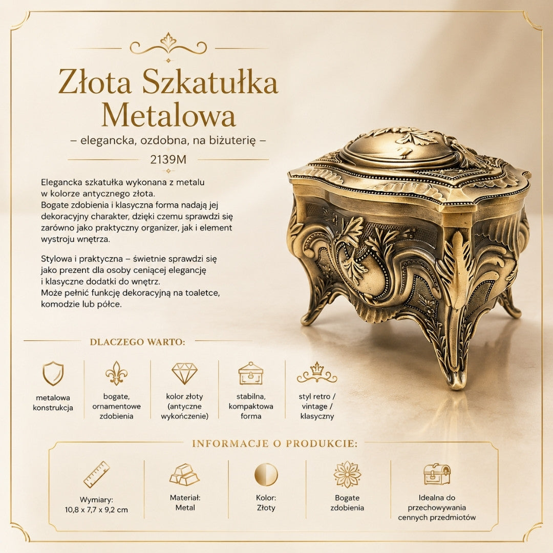 Gold Retro Metal Jewelry Box with Personalized Engraving Option - Elegant and Richly Decorated, Perfect for Gift - Dimensions: 10.8 x 7.7 x 9.2 cm, Solid and Impressive, Ideal for Storing Valuable Items