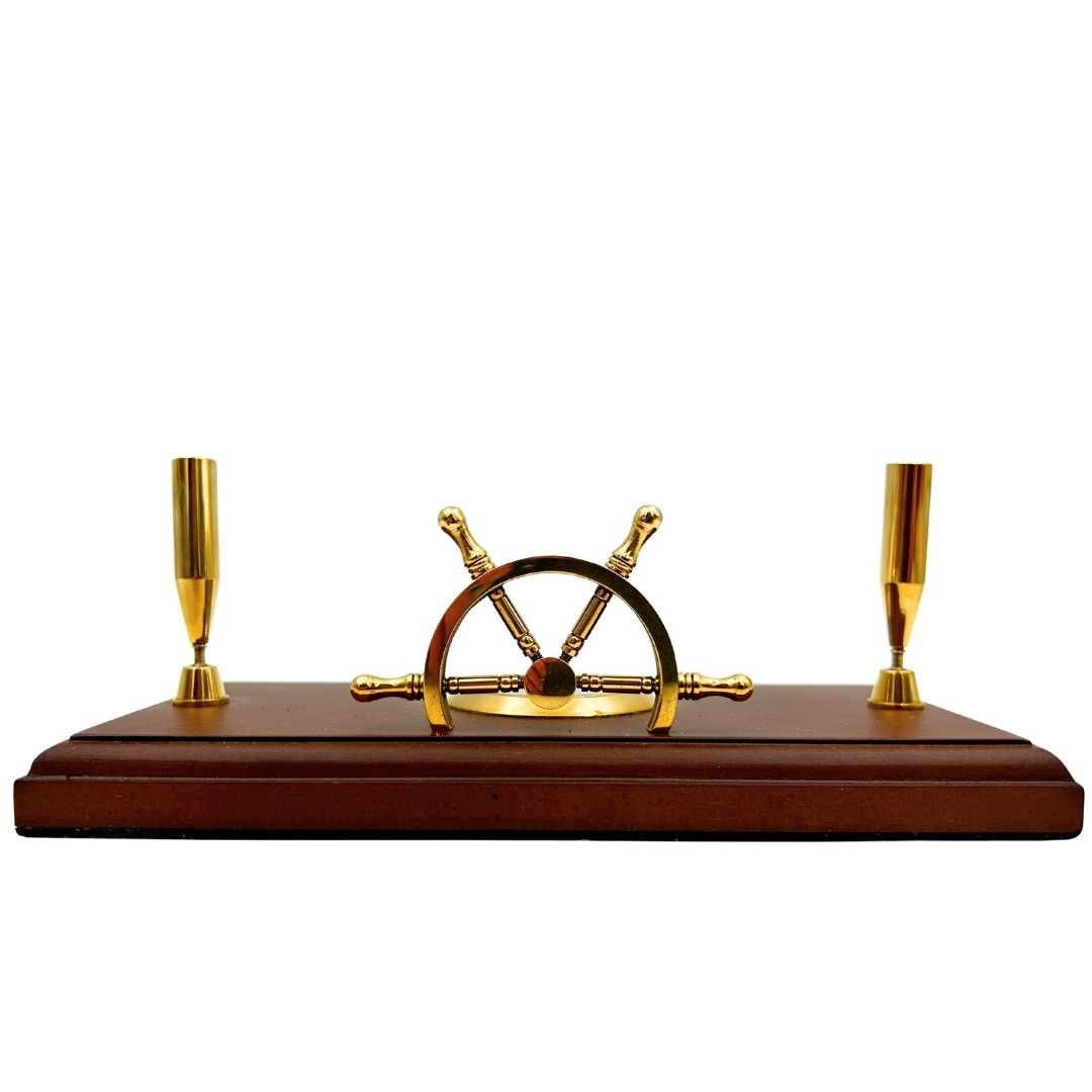Nautical Desk Set with Engraving – Ship's Wheel, Compass, Pen Holders Made of Polished Wood and Brass