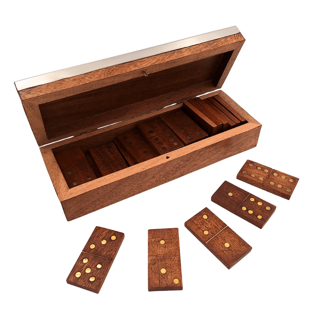 Eleganckie Domino w Drewnianym Pudełku z Aluminiowym Topem