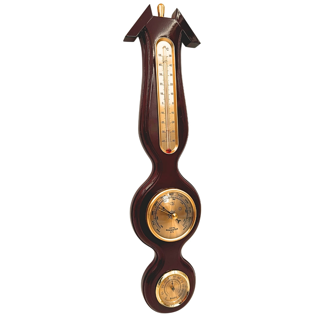 Elegancka Stacja Pogody 3w1 z Grawerem – Termometr, Barometr, Higrometr w Ciemnym Drewnie, 40cm