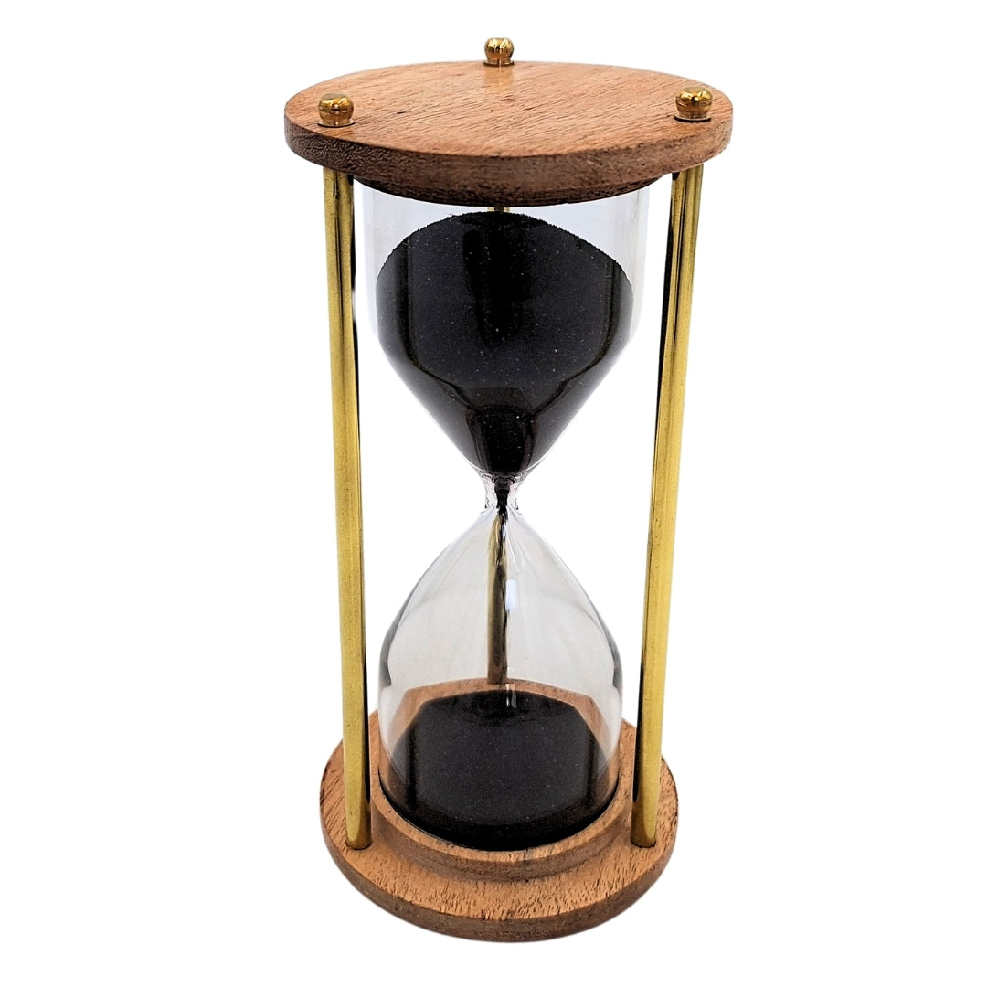 Klepsydra Mosiężno-Drewniana 5 minut z Personalizowanym Grawerem – Elegancka Dekoracja Retro na Prezent – Wysokość 15,5 cm, Czarny Piasek, Mosiądz i Drewno