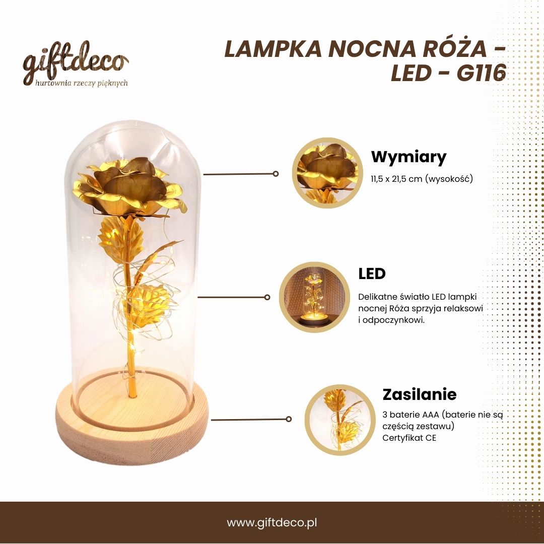 Lampka nocna Róża LED z możliwością personalizacji grawerem, romantyczny prezent, wysokość 21,5 cm, delikatne światło, idealna dekoracja do sypialni