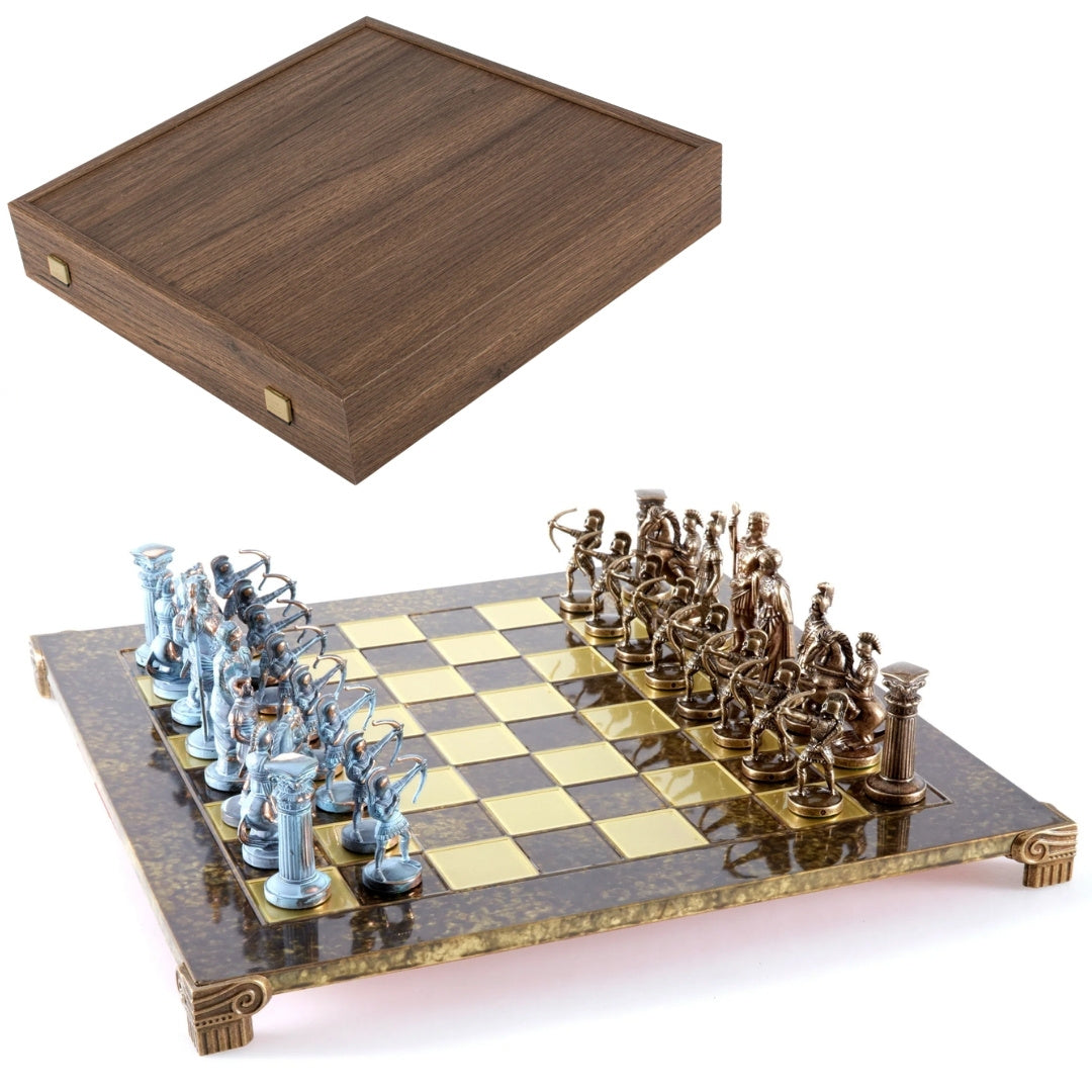 Szachy Mosiężne Łucznicy 44x44cm z Możliwością Personalizacji Grawerem - Luksusowy Prezent dla Miłośników Mitologii i Strategii, Wysokiej Jakości Ręcznie Wykonane Figurki