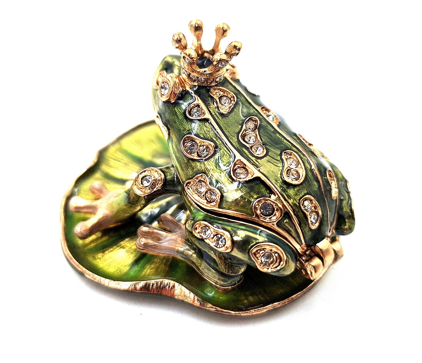Exclusive metal box shaped like a frog with crystals, dark green and gold, customizable engraving, perfect as a gift, dimensions 6.5x6.7x4.5 cm