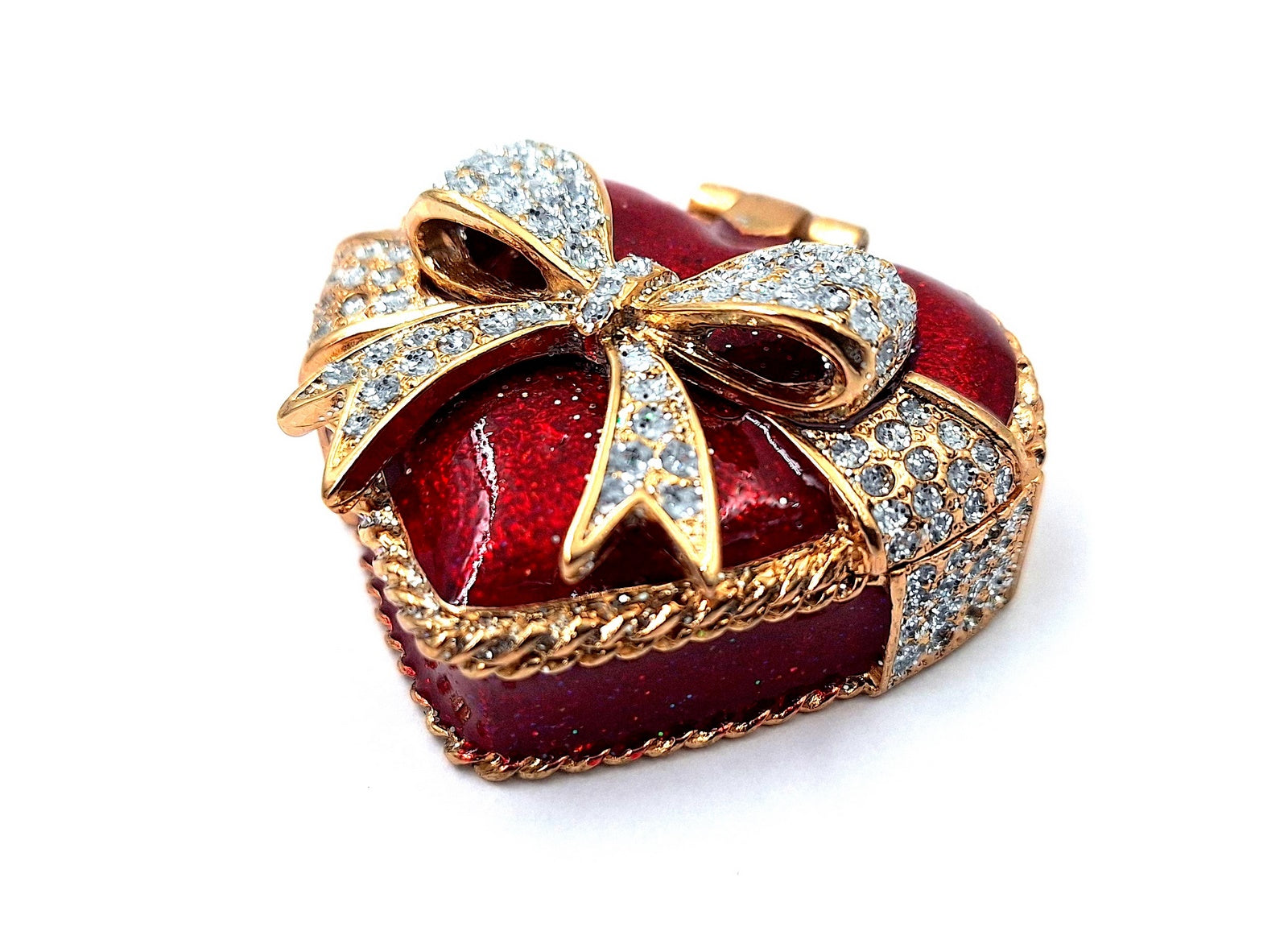 Metal jewelry box shaped like a heart with crystals, red-gold-silver, customizable engraving, perfect for a romantic gift, dimensions 4.8 x 4 x 2.5 cm