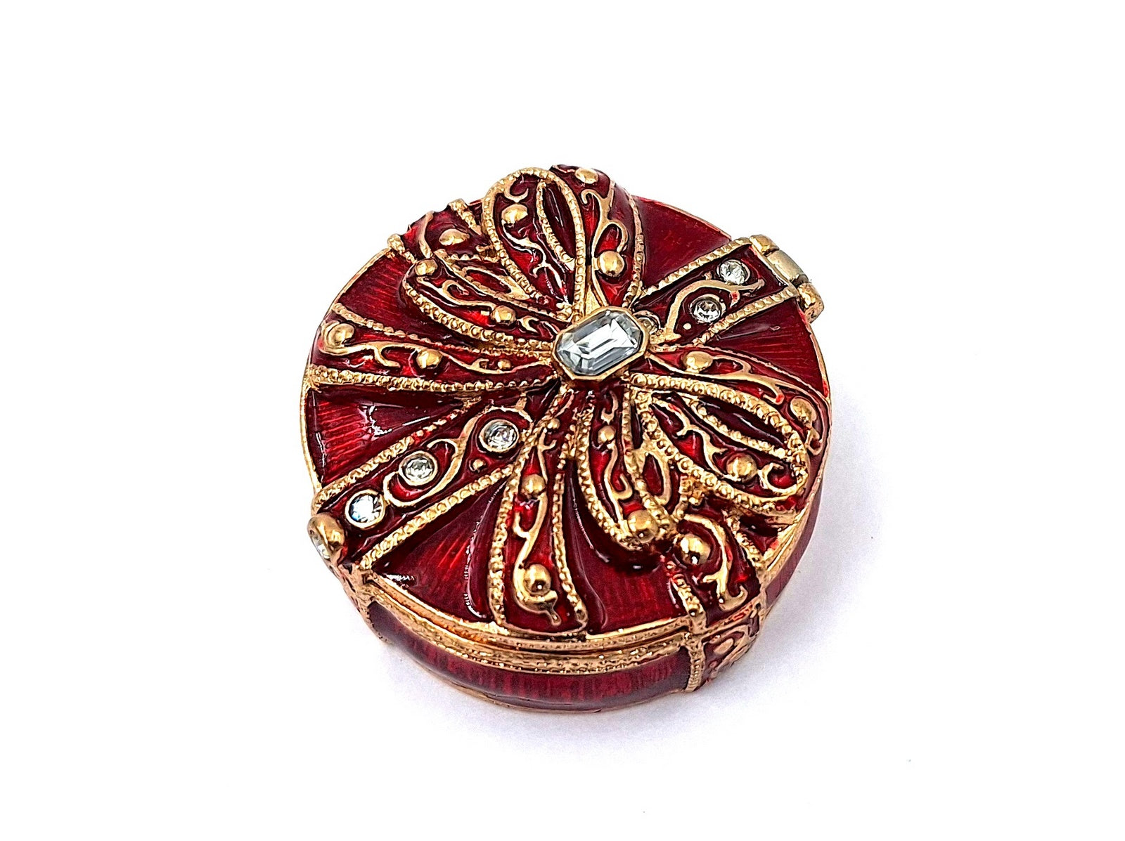Exclusive metal gift box with crystals B0118-08 in red and gold, customizable engraving, perfect for jewelry and an elegant gift for any woman, dimensions 4x4x1 cm, glamour style