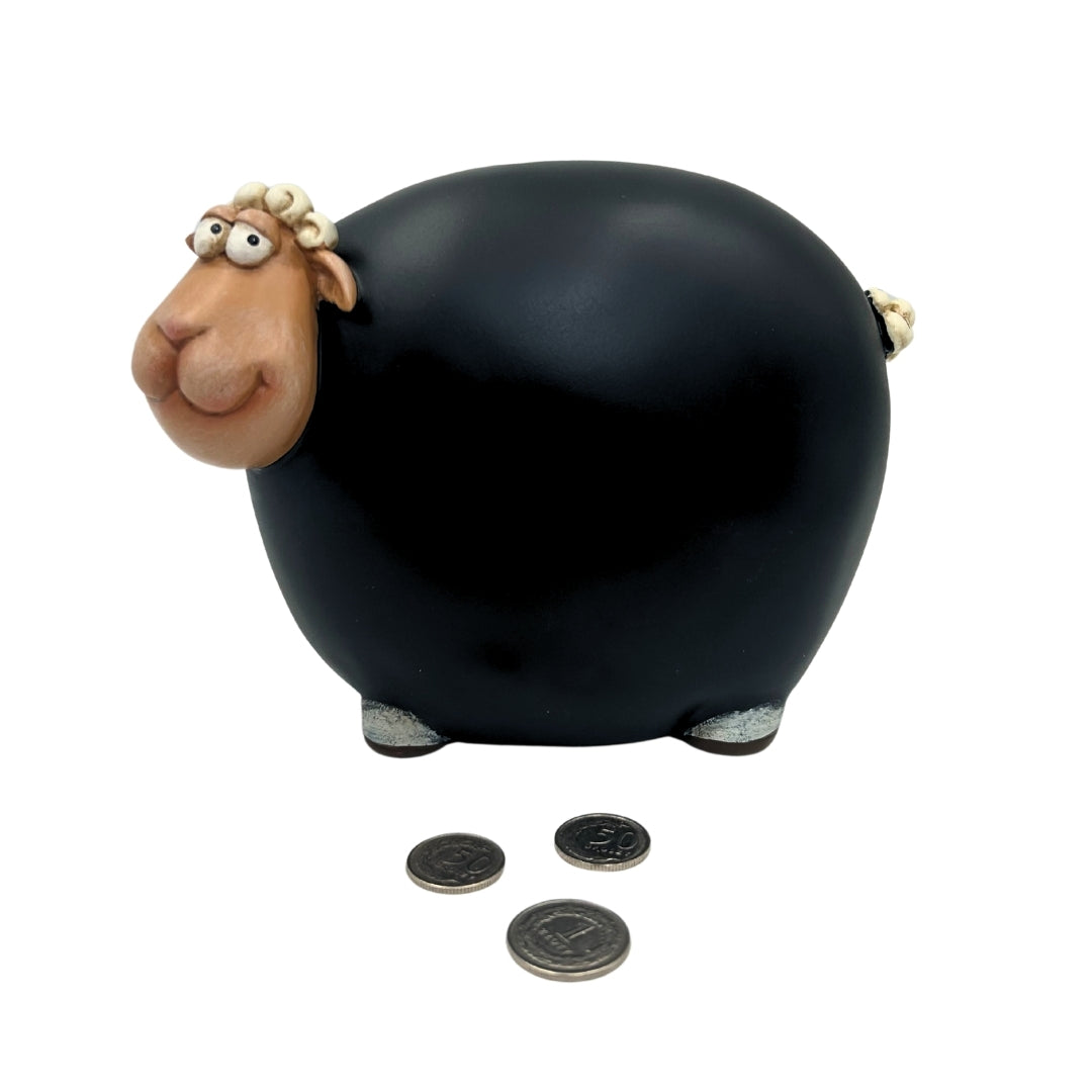 Sheep Piggy Bank with Chalkboard Paint and Customizable Engraving - Black with Beige and White Elements, Height 19.5 cm