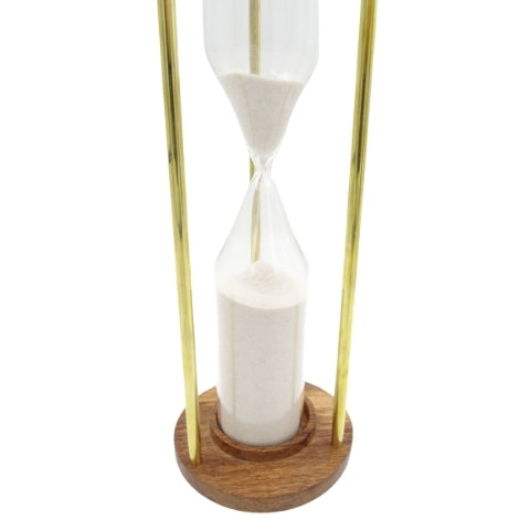 Clepsidră din alamă și lemn 30min, cu posibilitate de personalizare prin gravură - cadou elegant pentru orice ocazie, înălțime 30,5cm, nisip alb, materiale clasice