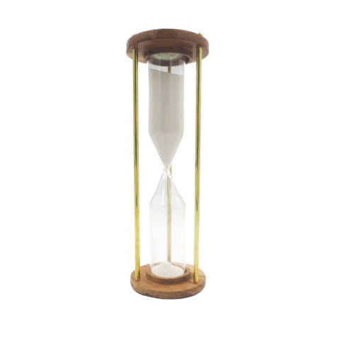 Clepsidră din alamă și lemn 30min, cu posibilitate de personalizare prin gravură - cadou elegant pentru orice ocazie, înălțime 30,5cm, nisip alb, materiale clasice