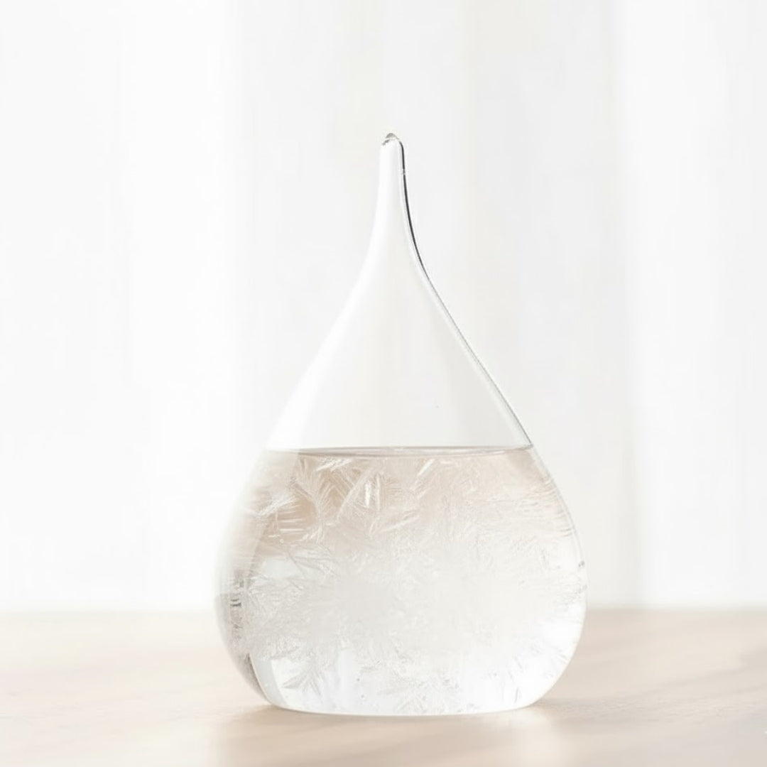 Barometr Burzowy Fitzroya - Kropla Storm Glass z możliwością personalizacji grawerem - elegancki prezent w kształcie kropli, wysokość 11 cm, szklane naczynie z unikalnymi kryształami reagującymi na zmiany pogody