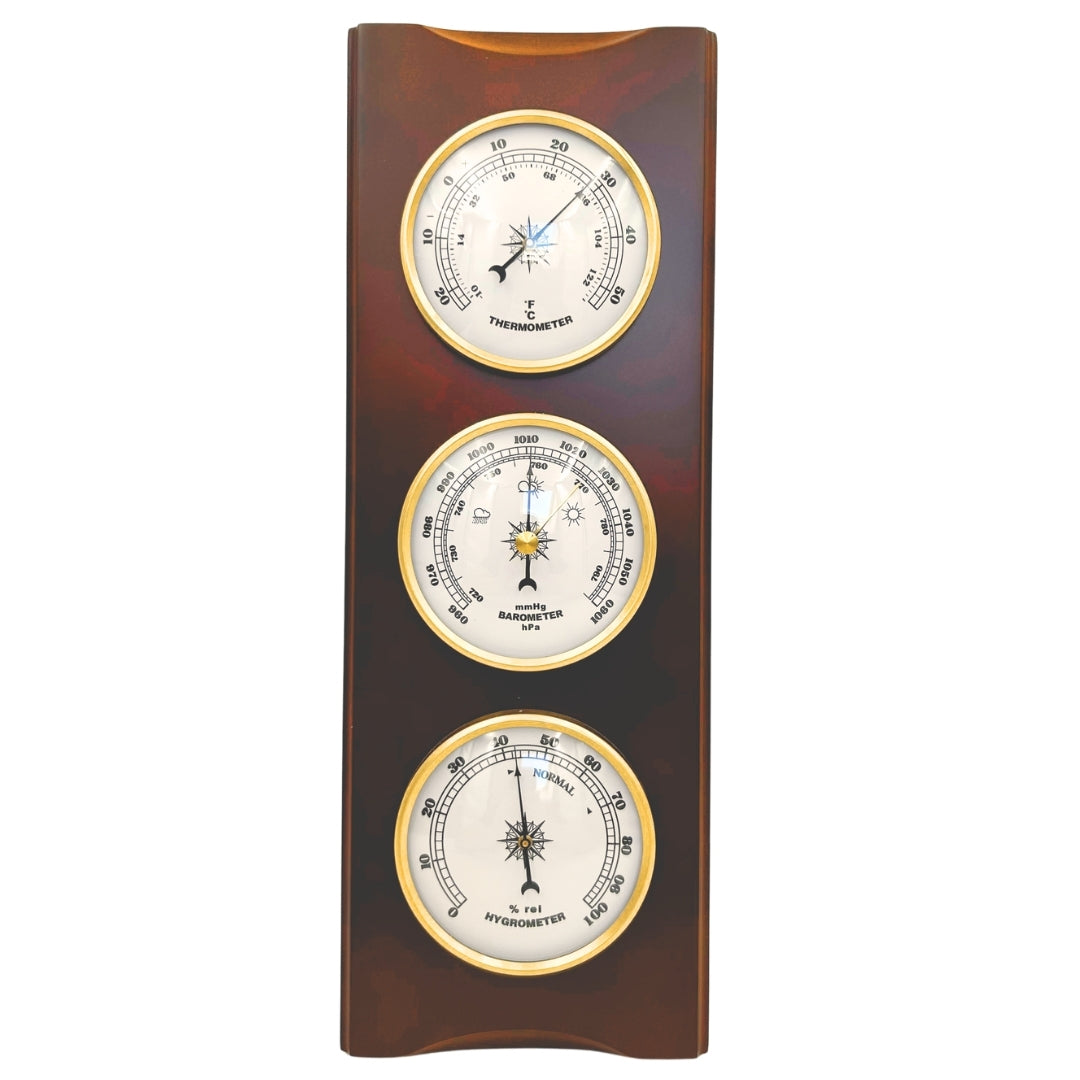 Elegancka Stacja Pogody Retro 36cm z Grawerem – Barometr, Termometr, Higrometr w Drewnianej Obudowie
