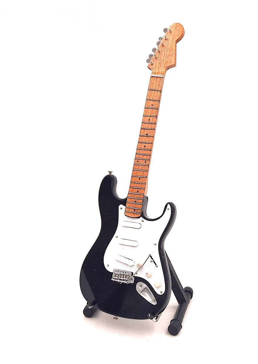 Mini gitara inspirowana Kurt Cobain z możliwością personalizacji grawerem, ręcznie wykonana z drewna mahoniowego, czarna/biała, wysokość 27,5 cm