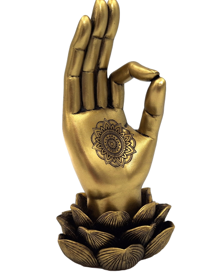 Złota Figurka Dłoń Buddy Mudra OM z Grawerem - Elegancka Dekoracja na Prezent - Kwiat Lotosu, 21cm, Polyresin, Styl Glamour