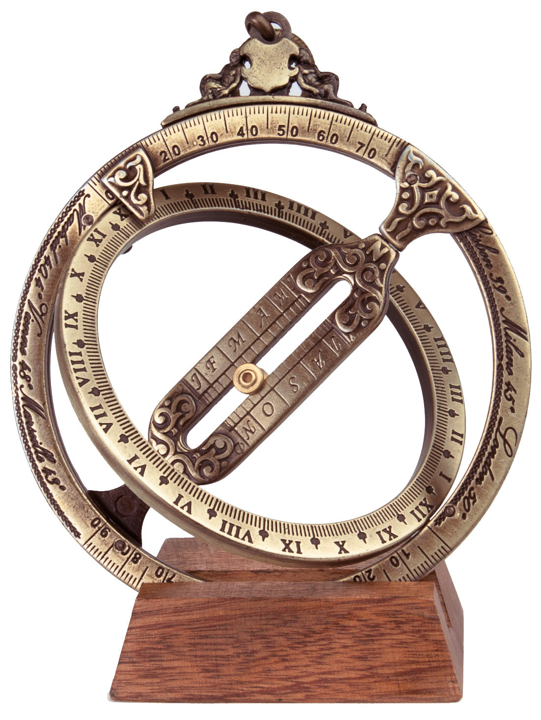H21 sundial with astronomical rings, personalized engraving, elegant desk gift, height 12 cm, brass and zinc alloy