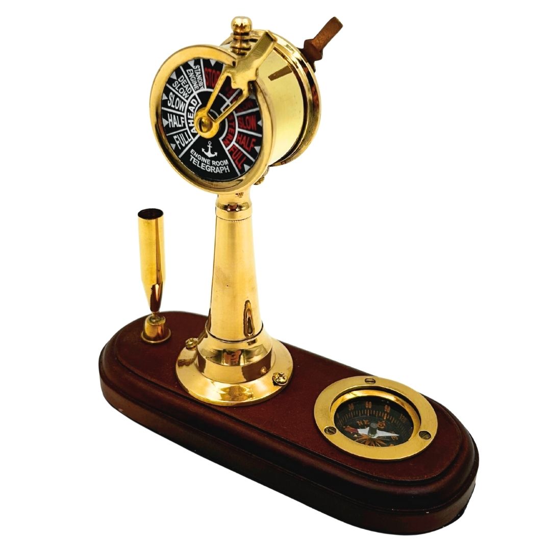 Elegant Desk Set with Engraving – Telegraph Machine, Compass, and Pen Holder on Wooden Base – Ideal Gift for Sailors, Managers, or Retro Style Lovers – High-Quality Brass and Wood, Dimensions 16.5 x 6 x 16.8 cm