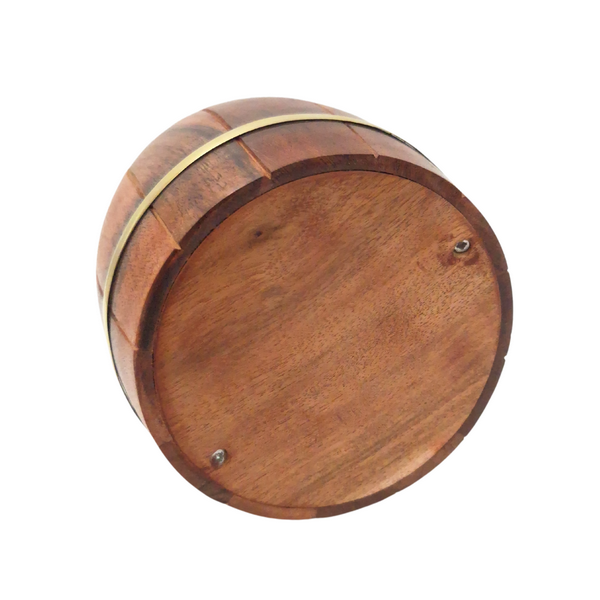 Large Wooden Barrel Piggy Bank with Brass Fittings