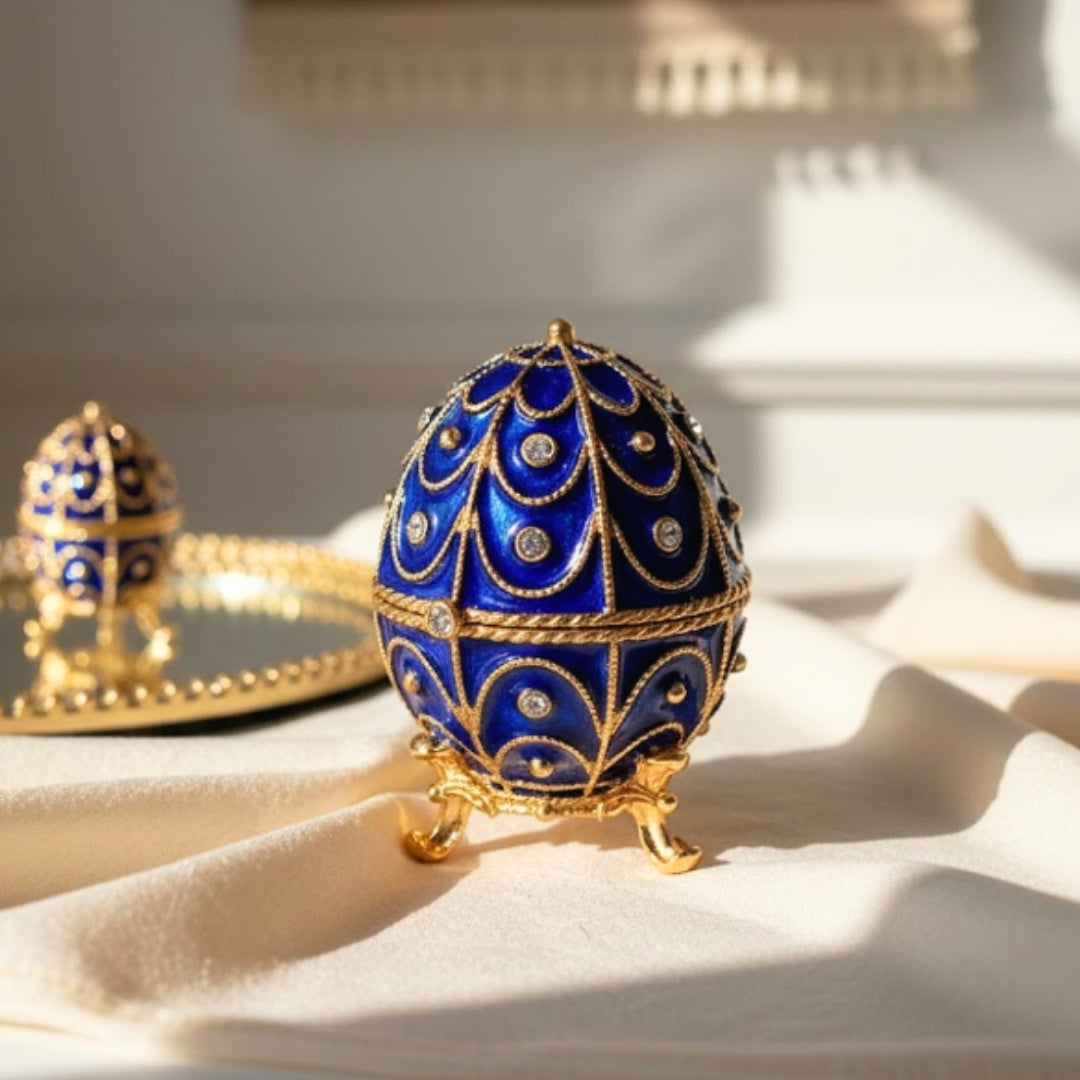 Exclusive metal jewelry box with crystals in the shape of a Fabergé egg, navy blue and gold, 5.5x6.5 cm with customizable engraving