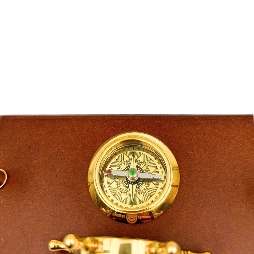 Nautical Desk Set with Engraving – Ship's Wheel, Compass, Pen Holders Made of Polished Wood and Brass