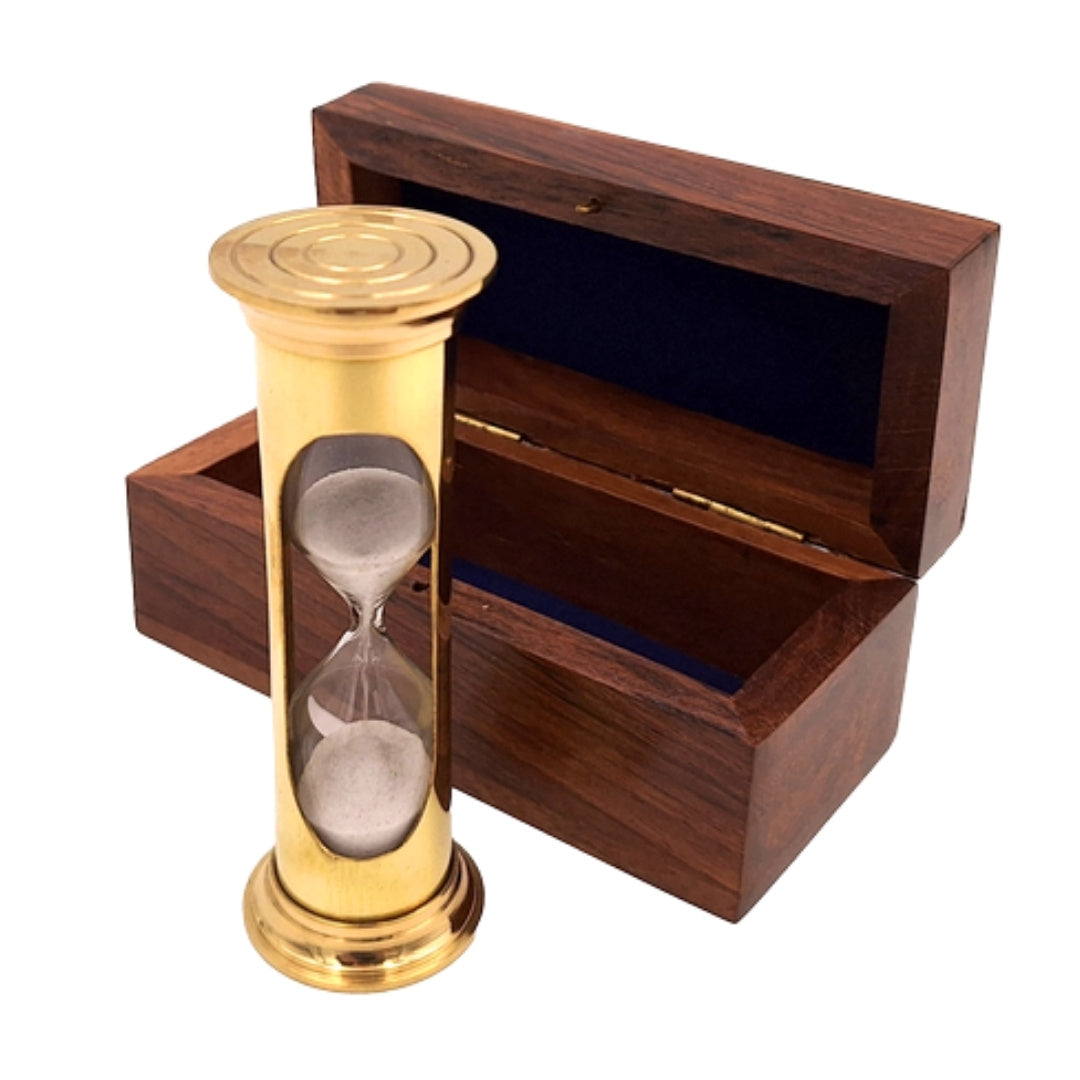 Clepsidră cu nisip ROUND STP99 în cutie din lemn, cu posibilitate de personalizare prin gravură, din alamă, aurie, 3 minute, cadou ideal pentru pasionații de RPG și deținătorii de recorduri Guinness