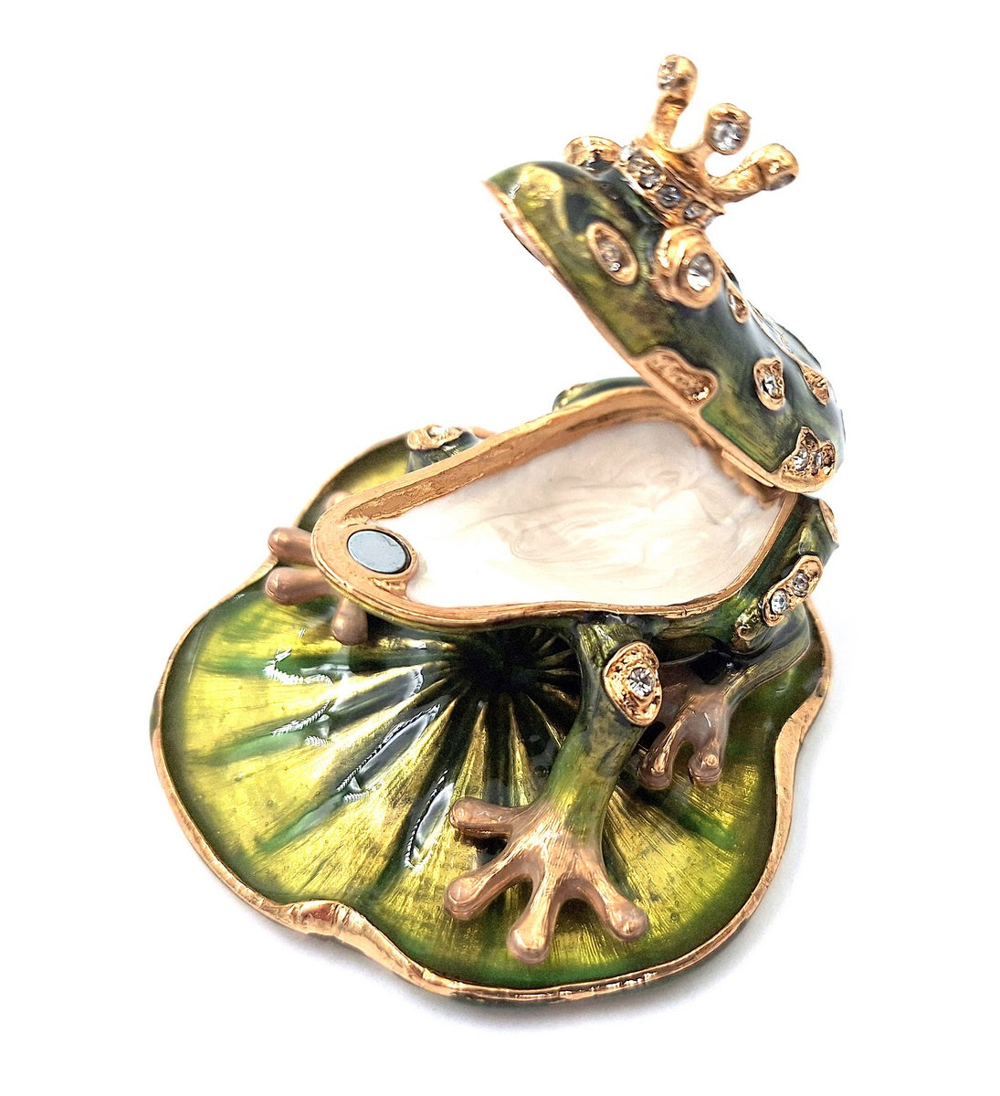 Exclusive metal box shaped like a frog with crystals, dark green and gold, customizable engraving, perfect as a gift, dimensions 6.5x6.7x4.5 cm