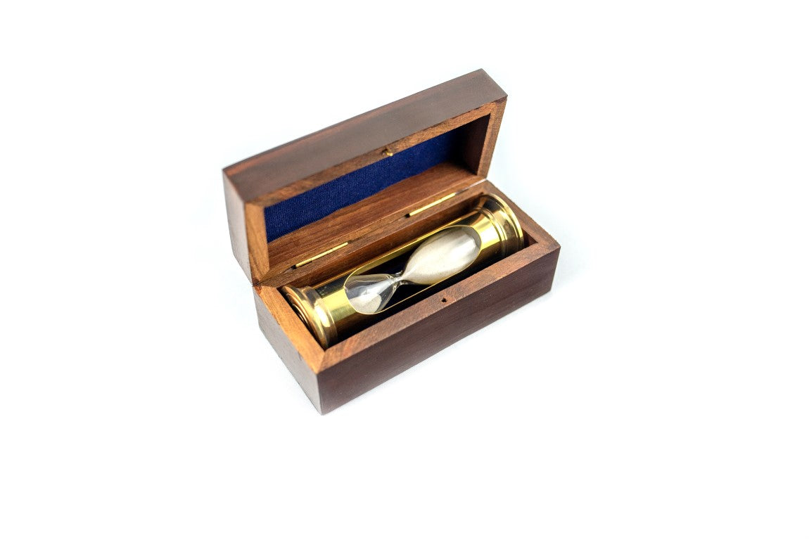 Clepsidră cu nisip ROUND STP99 în cutie din lemn, cu posibilitate de personalizare prin gravură, din alamă, aurie, 3 minute, cadou ideal pentru pasionații de RPG și deținătorii de recorduri Guinness