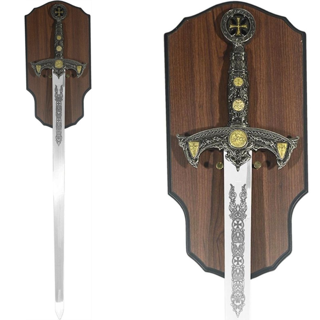 Templar Sword Replica with Engraving on a Wooden Hanger