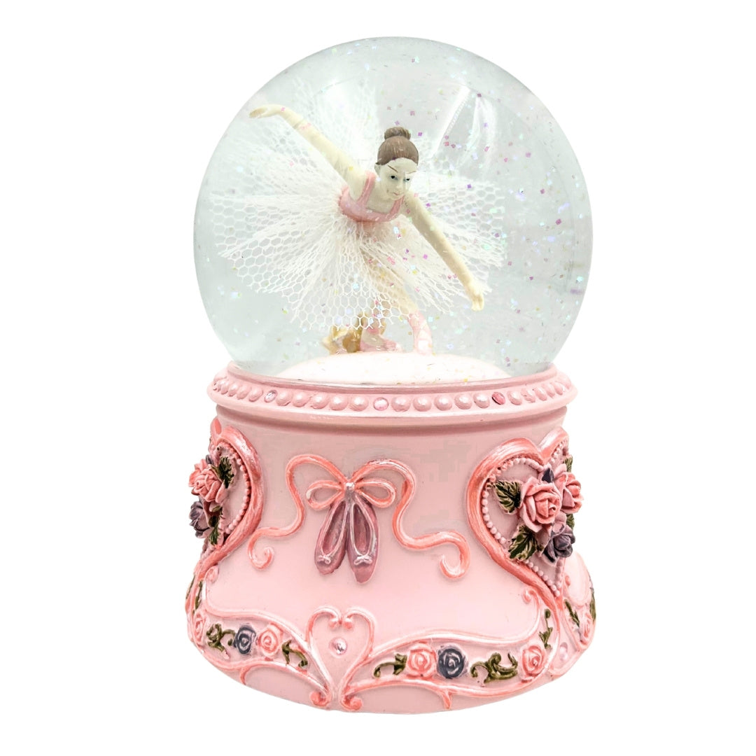 Tańcząca Baletnica w Szklanej Kuli 15cm z Personalizowanym Grawerem - Elegancka Pozytywka z Pastelową Podstawą i Melodią Jezioro Łabędzie