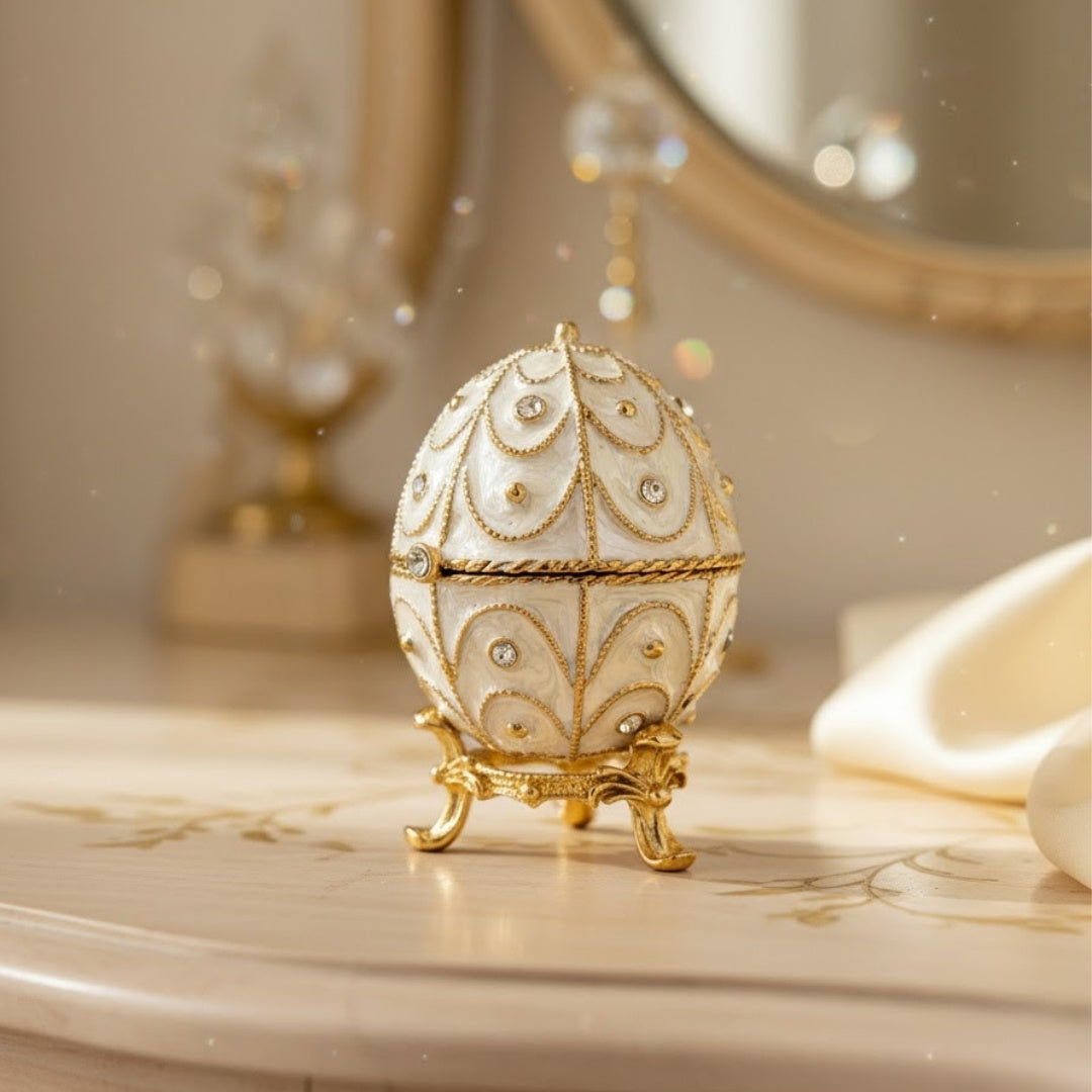 Exclusive Fabergé Egg Metal Jewelry Box with Crystals in White and Gold with Engraving Personalization Option