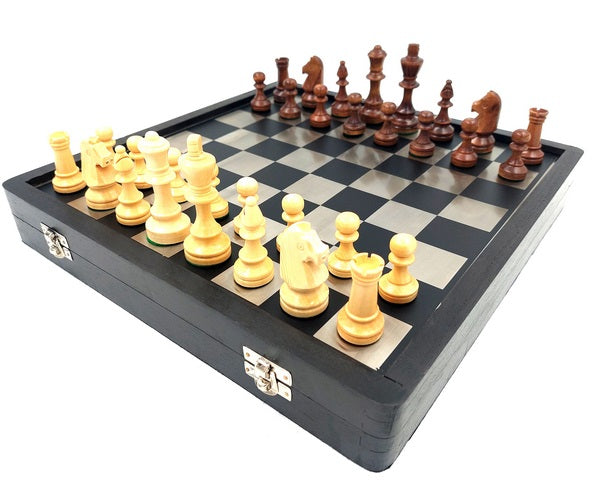 Elegancki Zestaw Szachowy Drewniano-Metalowy 33x33cm z Możliwością Personalizacji Grawerem