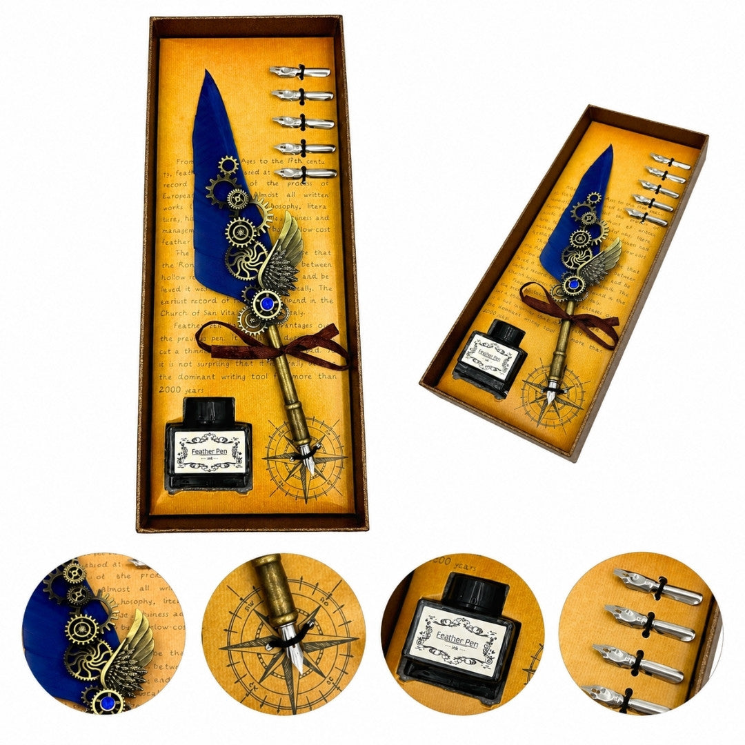 Retro Calligraphy Set with Blue Goose Feather Pen, 6 Nibs, Ink, Engraving Personalization, Elegant Vintage Style Gift