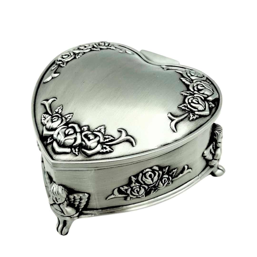 Heart-Shaped Metal Jewelry Box with Personalized Engraving Option – Elegant Gift for Valentine's Day, Anniversary, or Birthday, Decorated with Rose Motif, Dimensions 8.7 x 8.4 x 5.1 cm